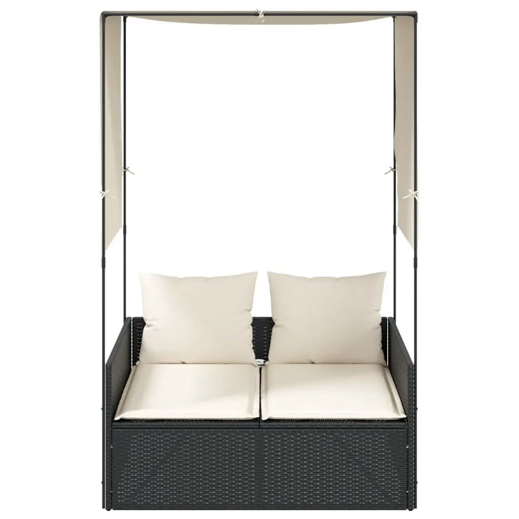 Double Sun Lounger with Roof Curtains Outdoor Garden Furniture Black Rattan