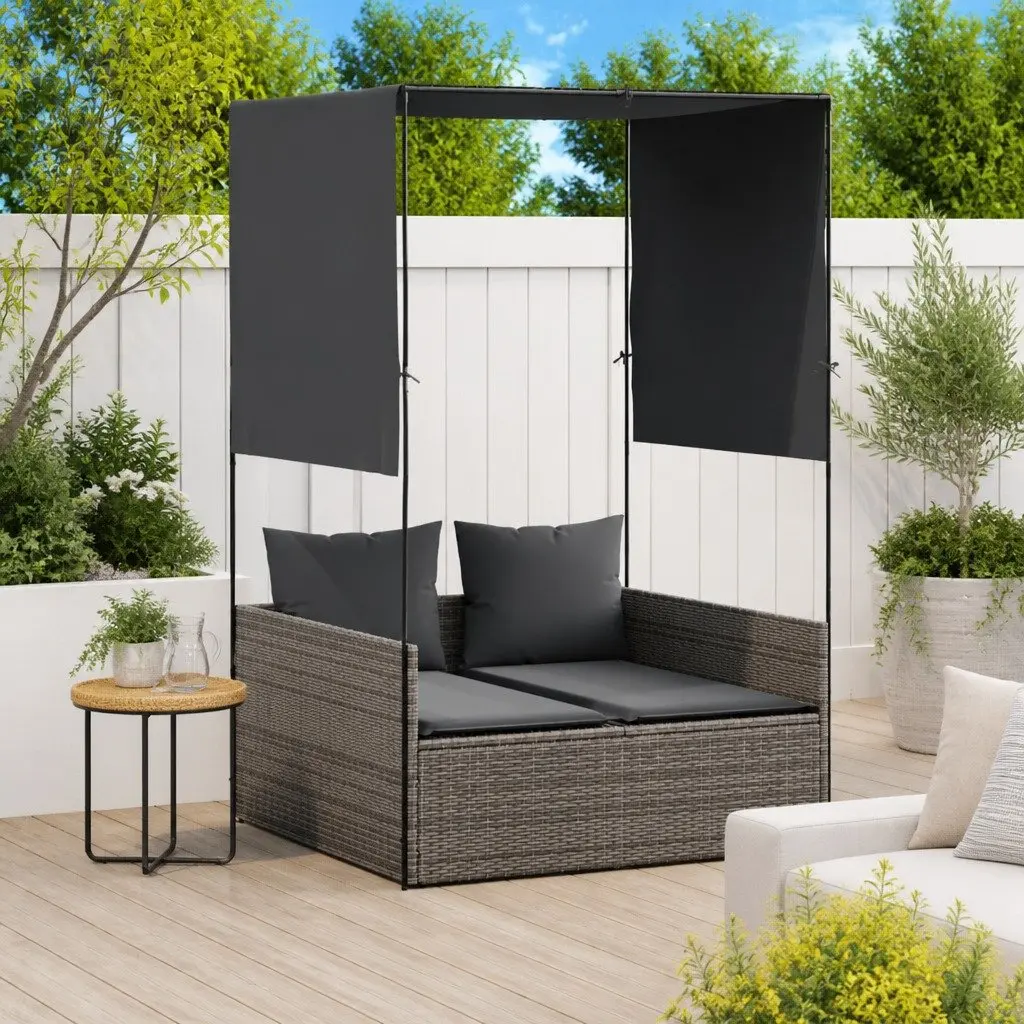Double Sun Lounger Grey Outdoor with Roof and Curtains