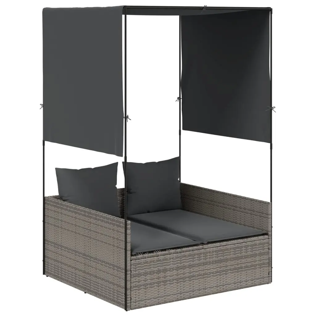 Double Sun Lounger Grey Outdoor with Roof and Curtains