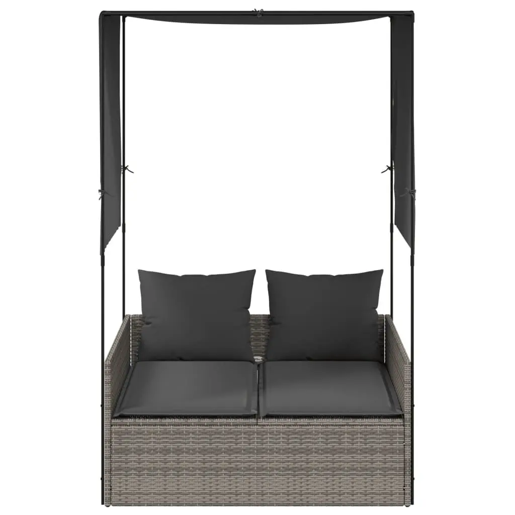Double Sun Lounger Grey Outdoor with Roof and Curtains
