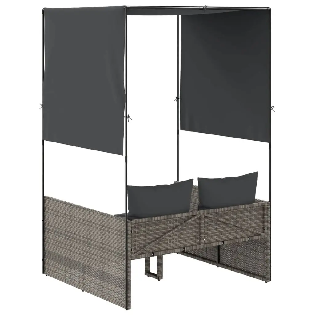 Double Sun Lounger Grey Outdoor with Roof and Curtains