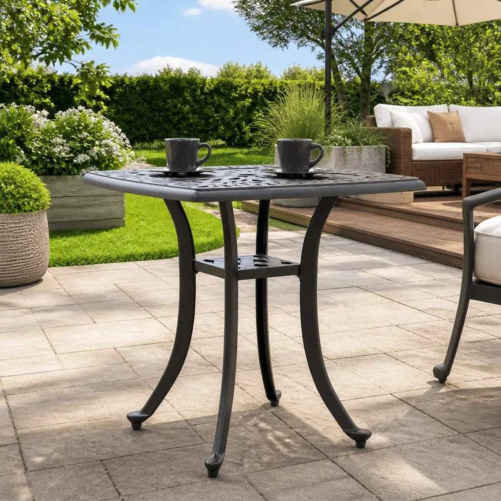 Garden Table Black 53x53x53 cm Cast Aluminium Outdoor Patio Furniture with Umbrella Hole