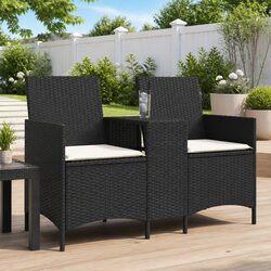 2-Seater Garden Sofa with Table in Black Rattan