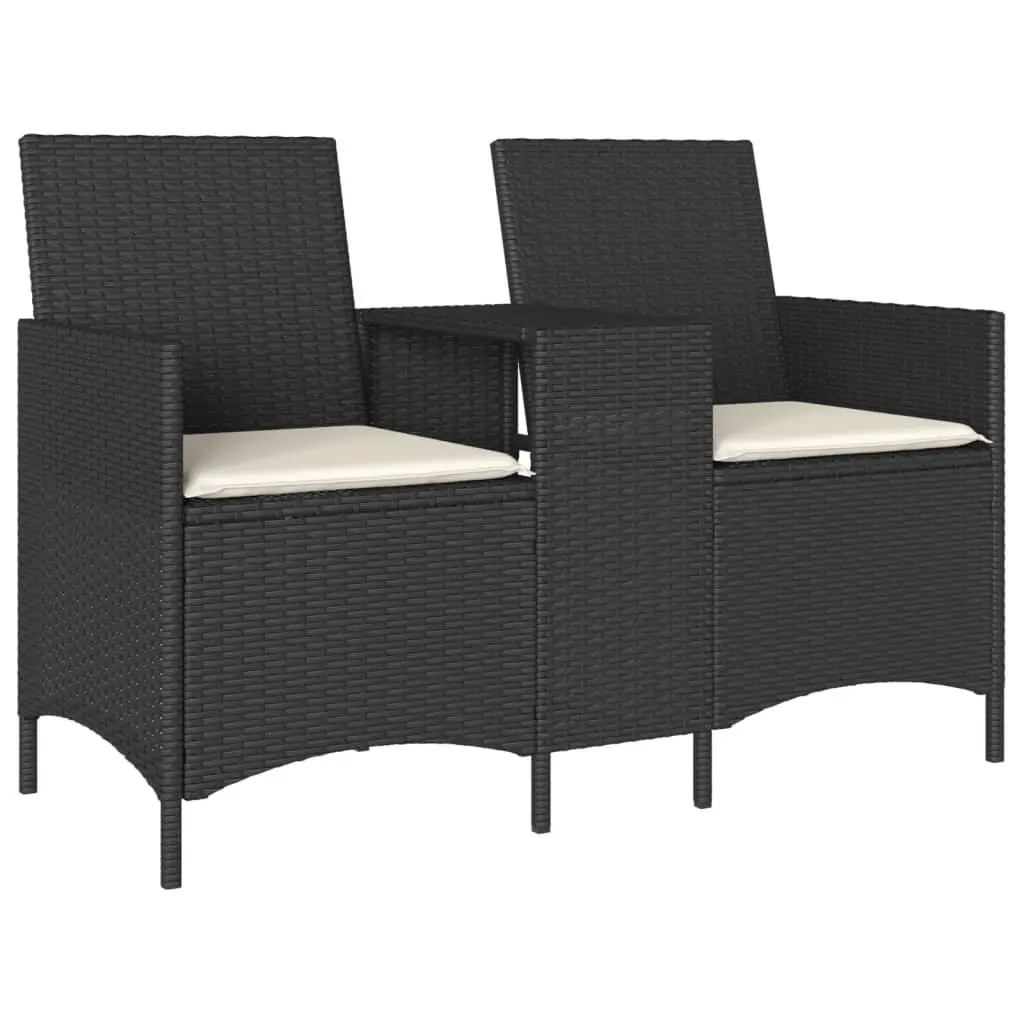 Garden Sofa Black 2-Seater Integrated Table Cushions Poly Rattan