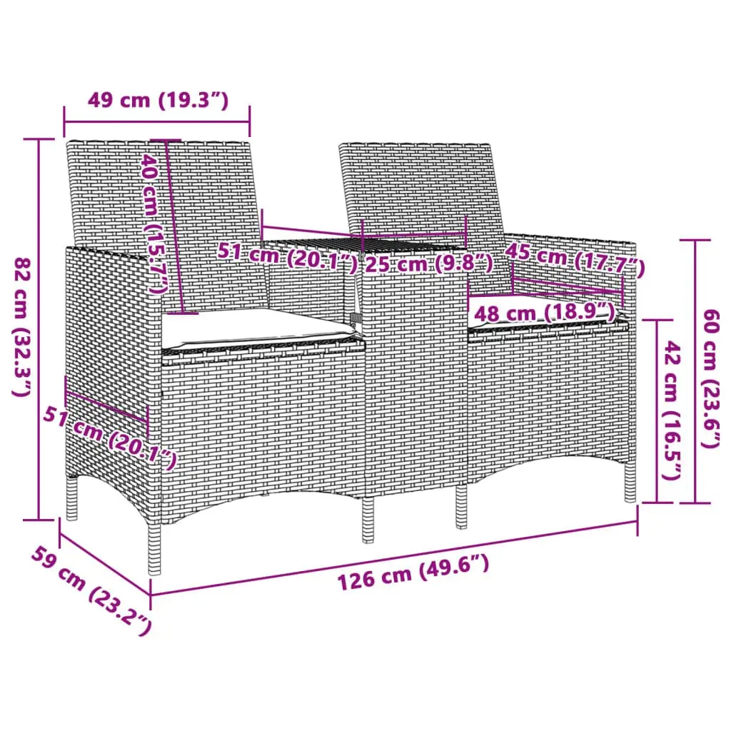 Garden Sofa Black 2-Seater Integrated Table Cushions Poly Rattan