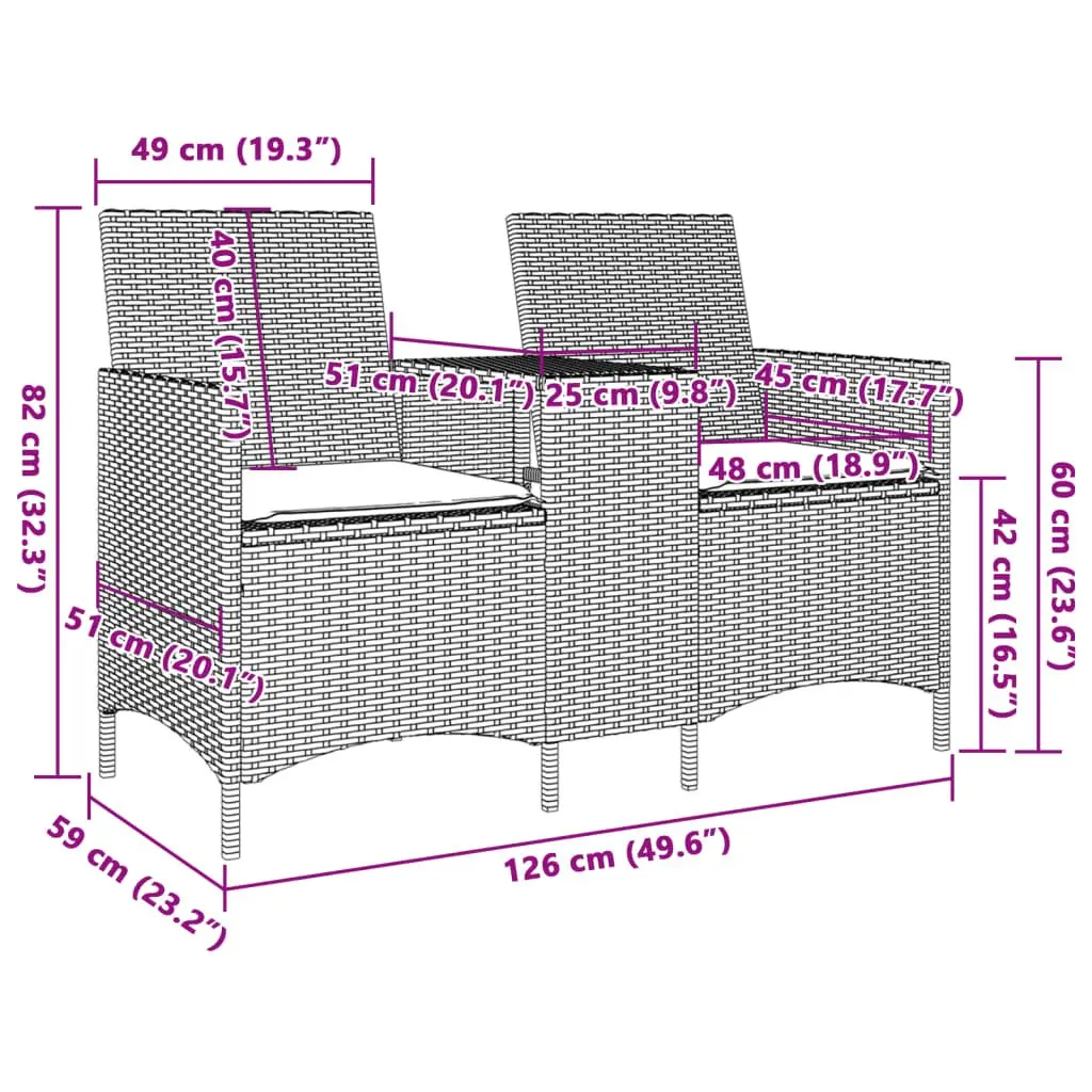 Garden Sofa Grey 2-Seater with Table and Cushions Outdoor Poly Rattan Patio Furniture