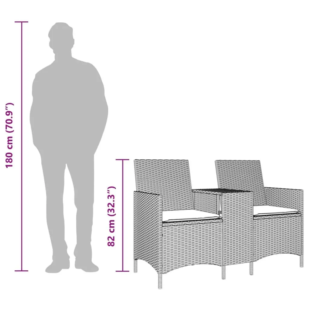 Garden Sofa Grey 2-Seater with Table and Cushions Outdoor Poly Rattan Patio Furniture