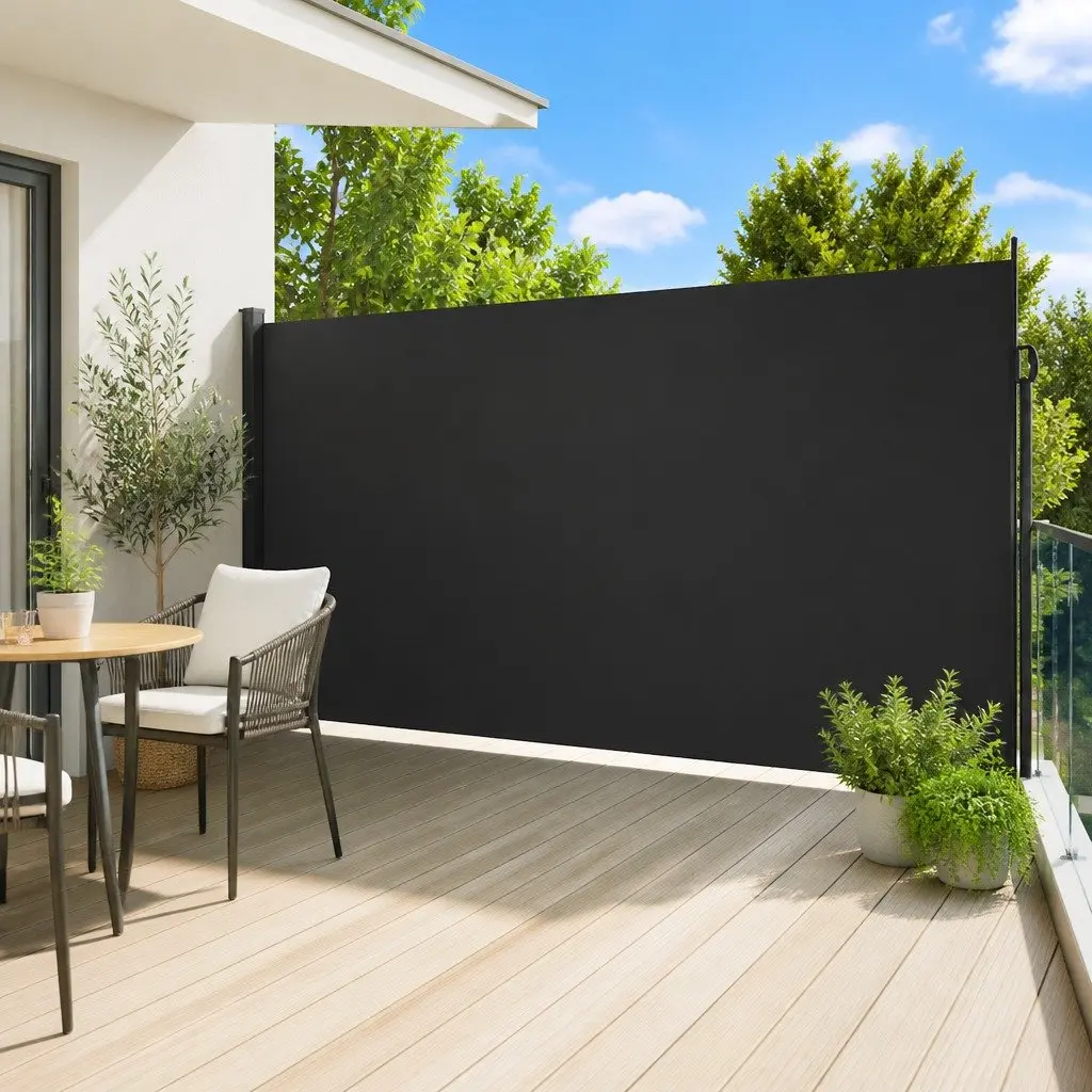 Retractable Side Awning Screen Black 220x500cm Outdoor Privacy Shade