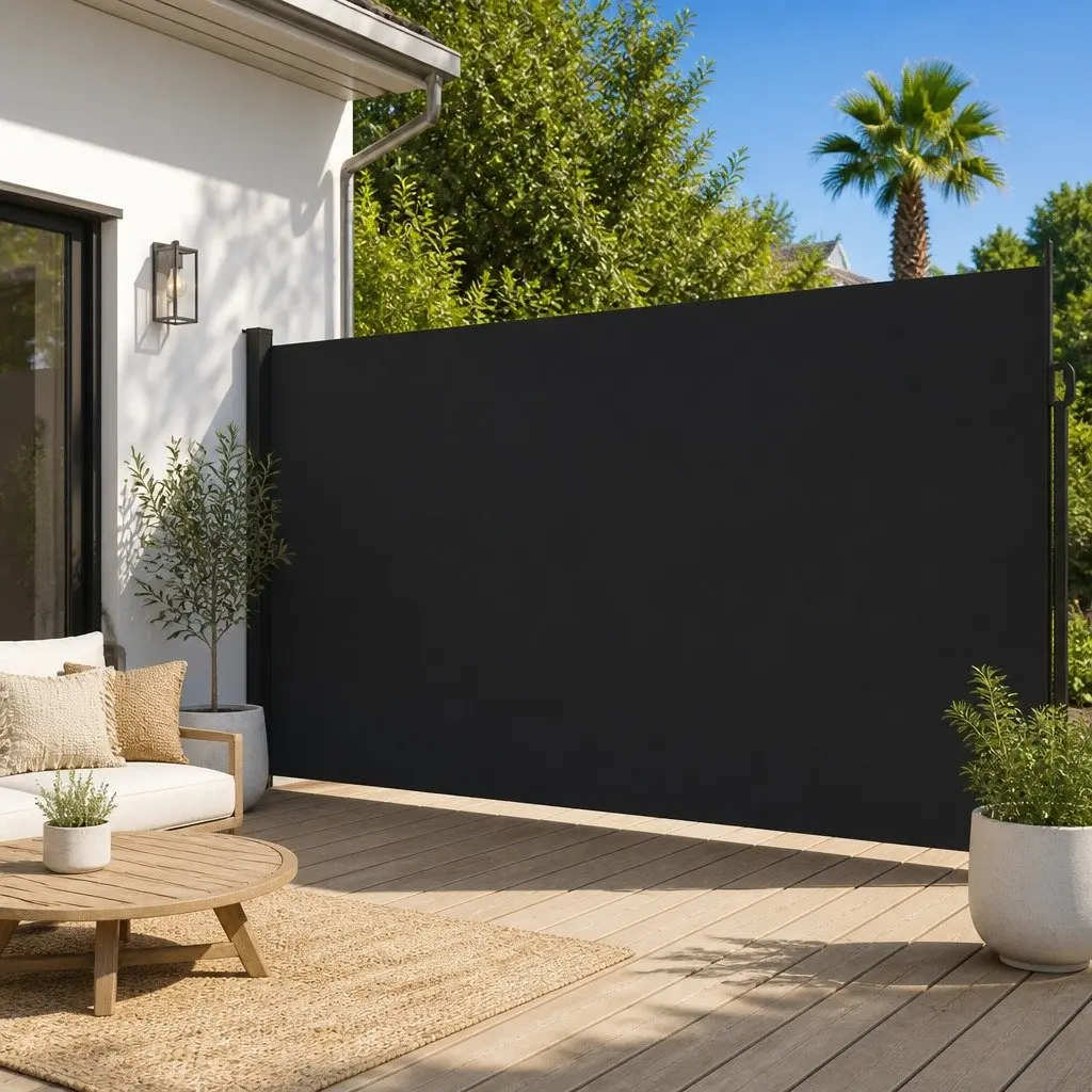 Retractable Awning Black 200x600cm Outdoor Privacy Screen for Patio and Balcony