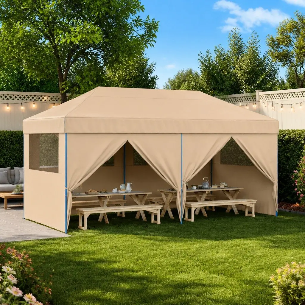 Foldable Pop-Up Party Tent Beige 4 Sidewalls Outdoor Garden Gazebo
