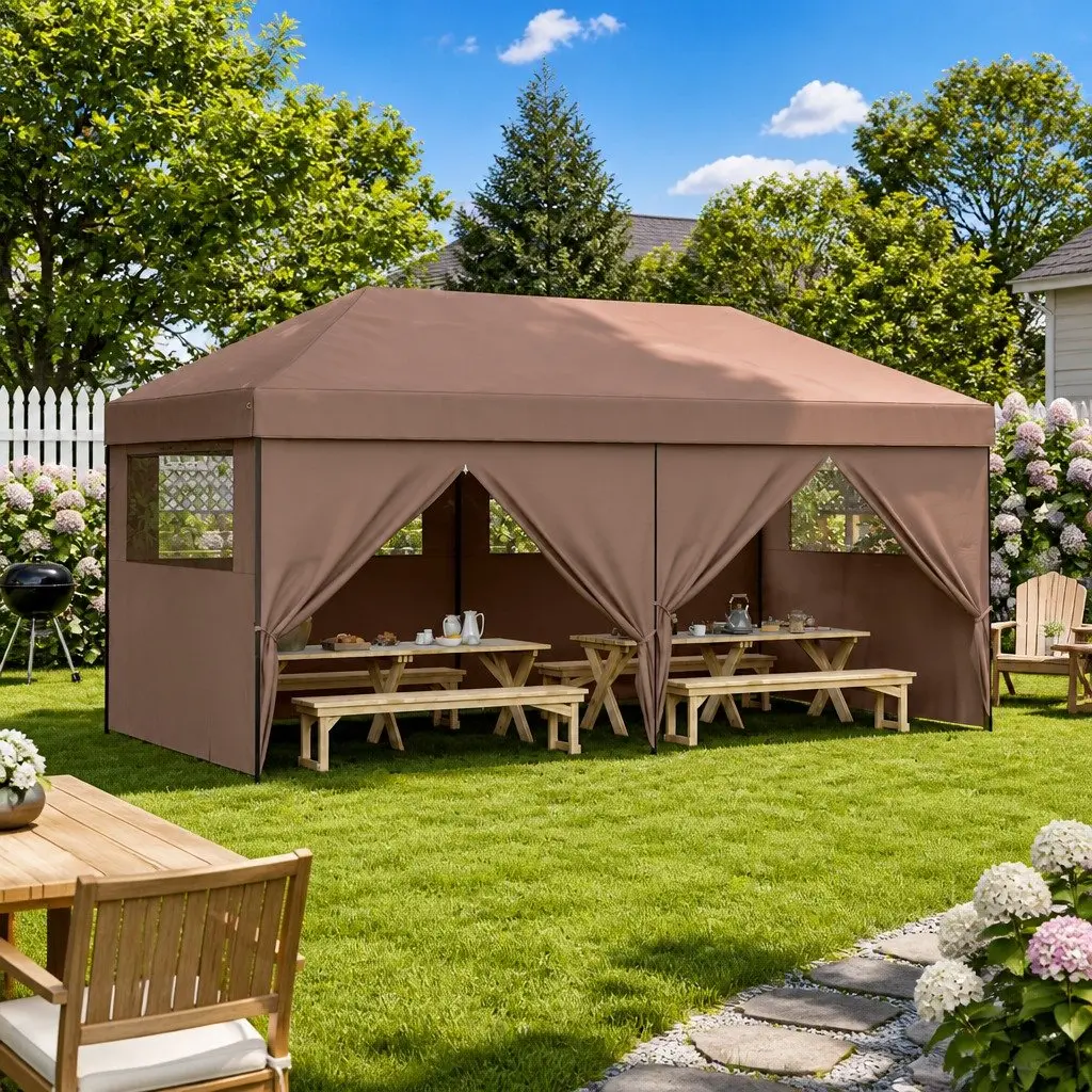 Foldable Pop-Up Party Tent Brown 4 Sidewalls Quick Setup Outdoor Gazebo