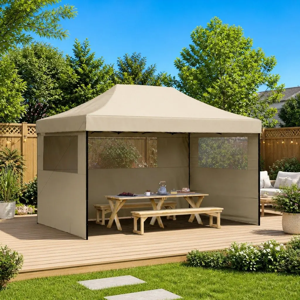 Foldable Pop-Up Party Tent Taupe 3 Sidewalls Clear Windows Outdoor Gazebo