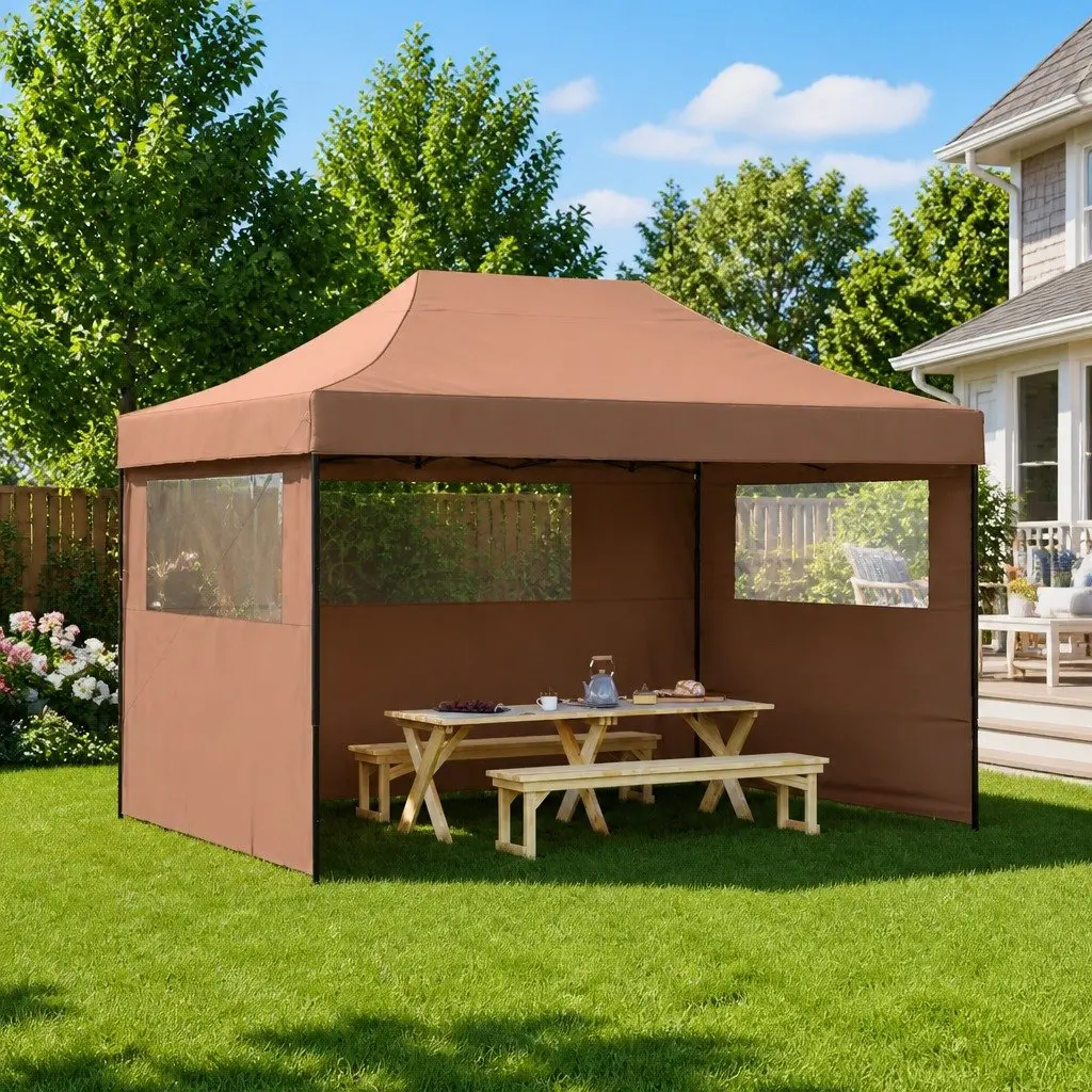Foldable Pop-Up Party Tent Brown with 3 Sidewalls Garden Canopy
