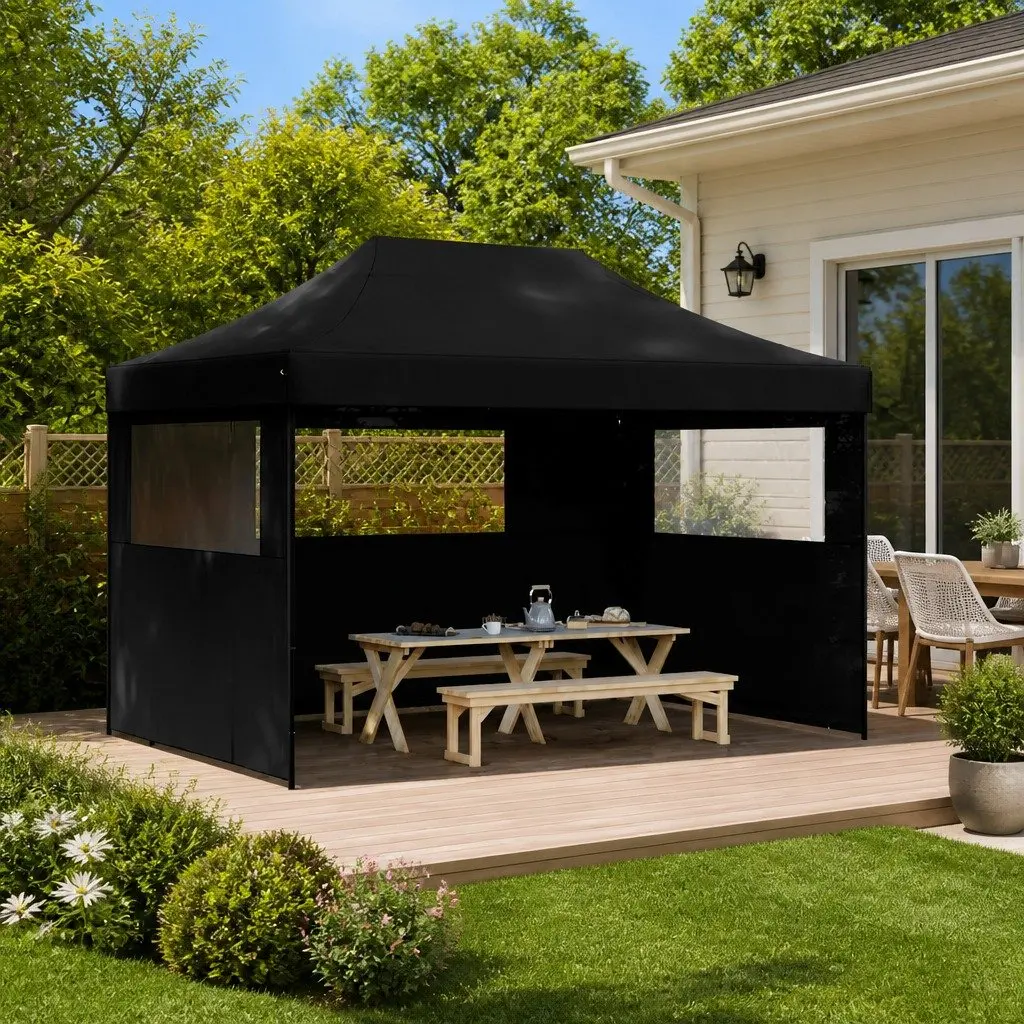 Pop-Up Party Tent Black Foldable 3 Sidewalls Outdoor Gazebo Canopy