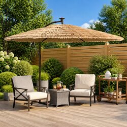 Garden Parasol with LED Lights Steel Pole Outdoor Sunshade Brown 246x246x230cm