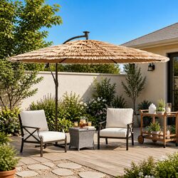 Garden Parasol with LED Lights Steel Pole Outdoor Umbrella Sun Shade Brown