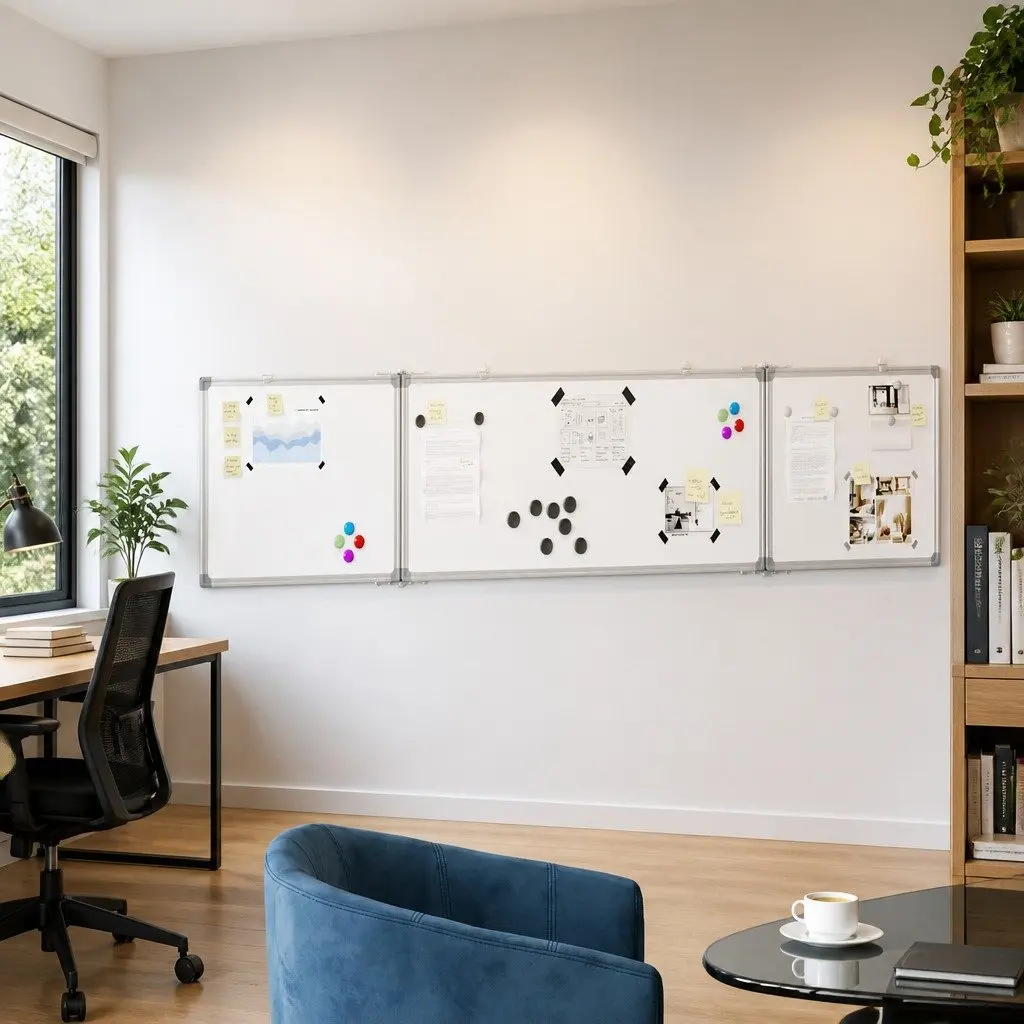 Foldable Magnetic Whiteboard 200x40cm Lacquer-Coated Surface Two Hinged Panels