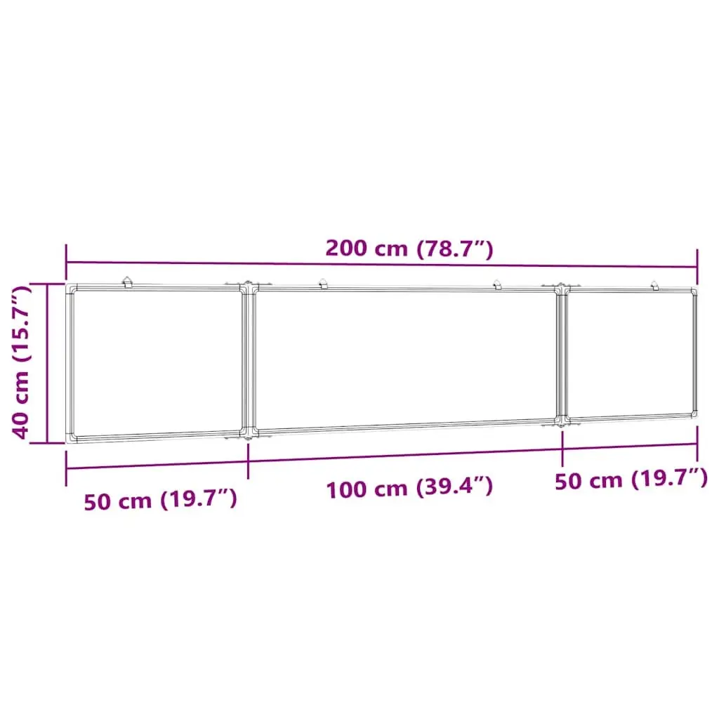 Foldable Magnetic Whiteboard 200x40cm Lacquer-Coated Surface Two Hinged Panels