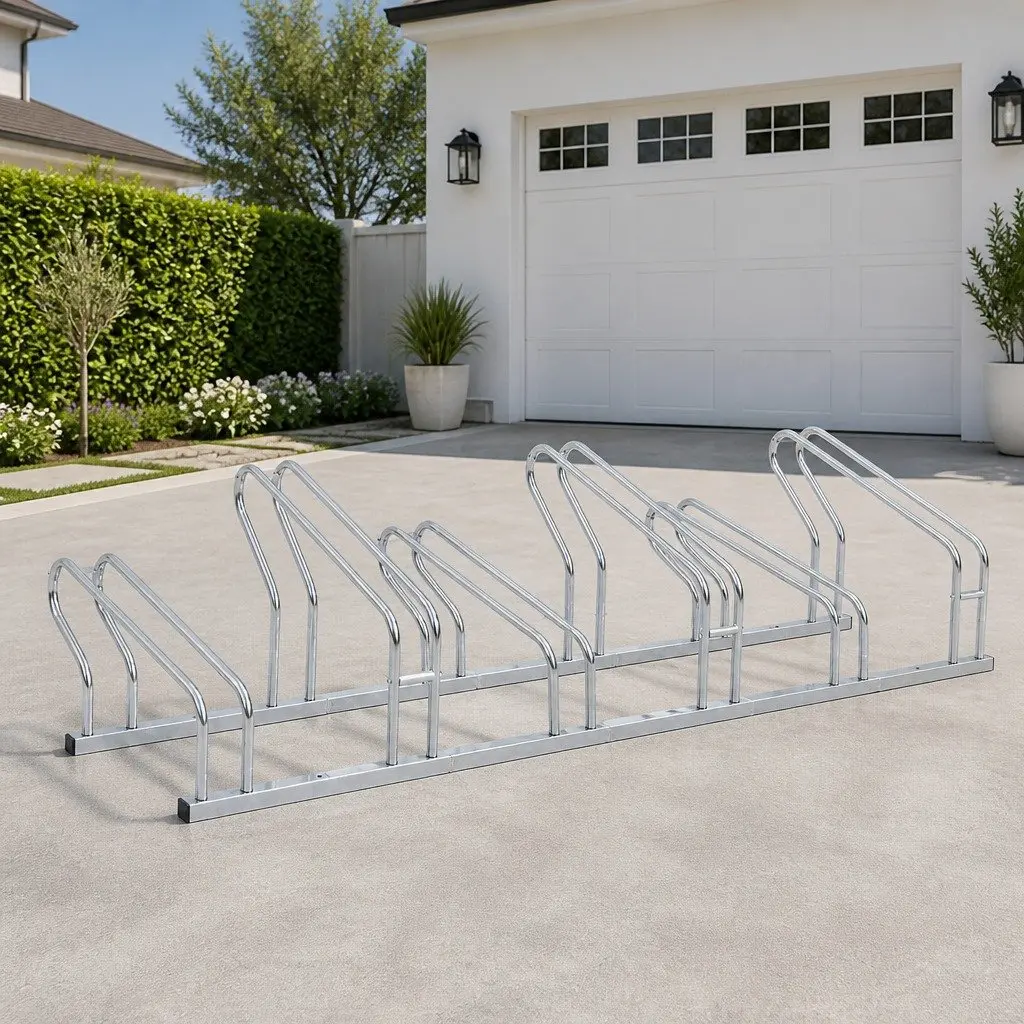 Bicycle Stand Silver Freestanding 6 Bikes Storage Rack Galvanised Steel