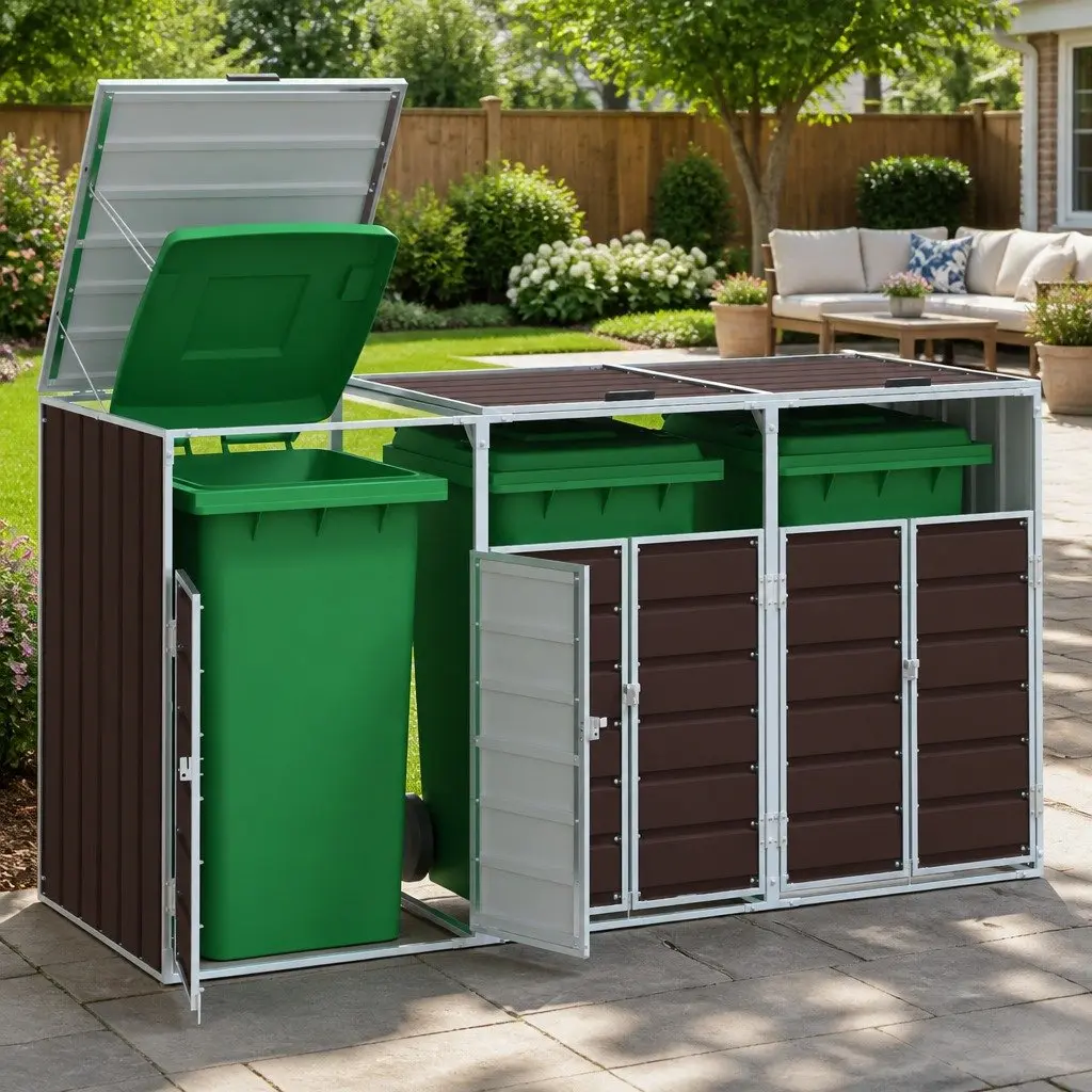 Wheelie Bin Storage Triple Bins Brown 216x81x115 cm Garden Waste Container