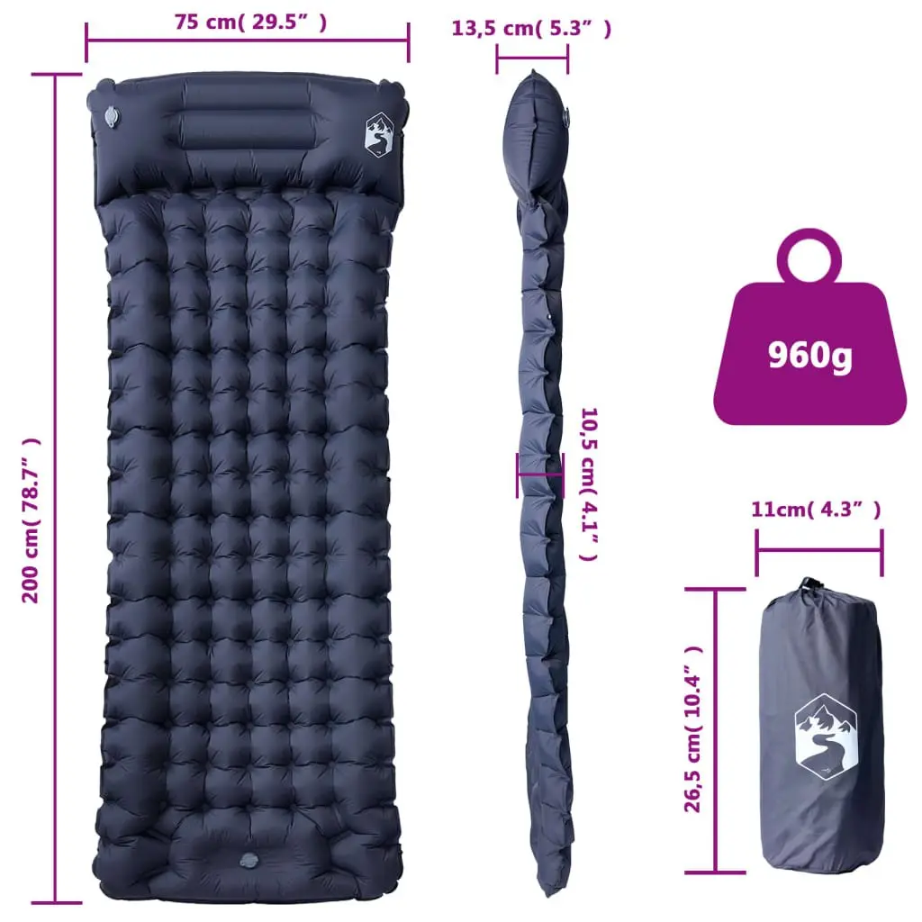 Self Inflating Camping Mattress Grey 1-Person with Integrated Pillow Quick Inflation