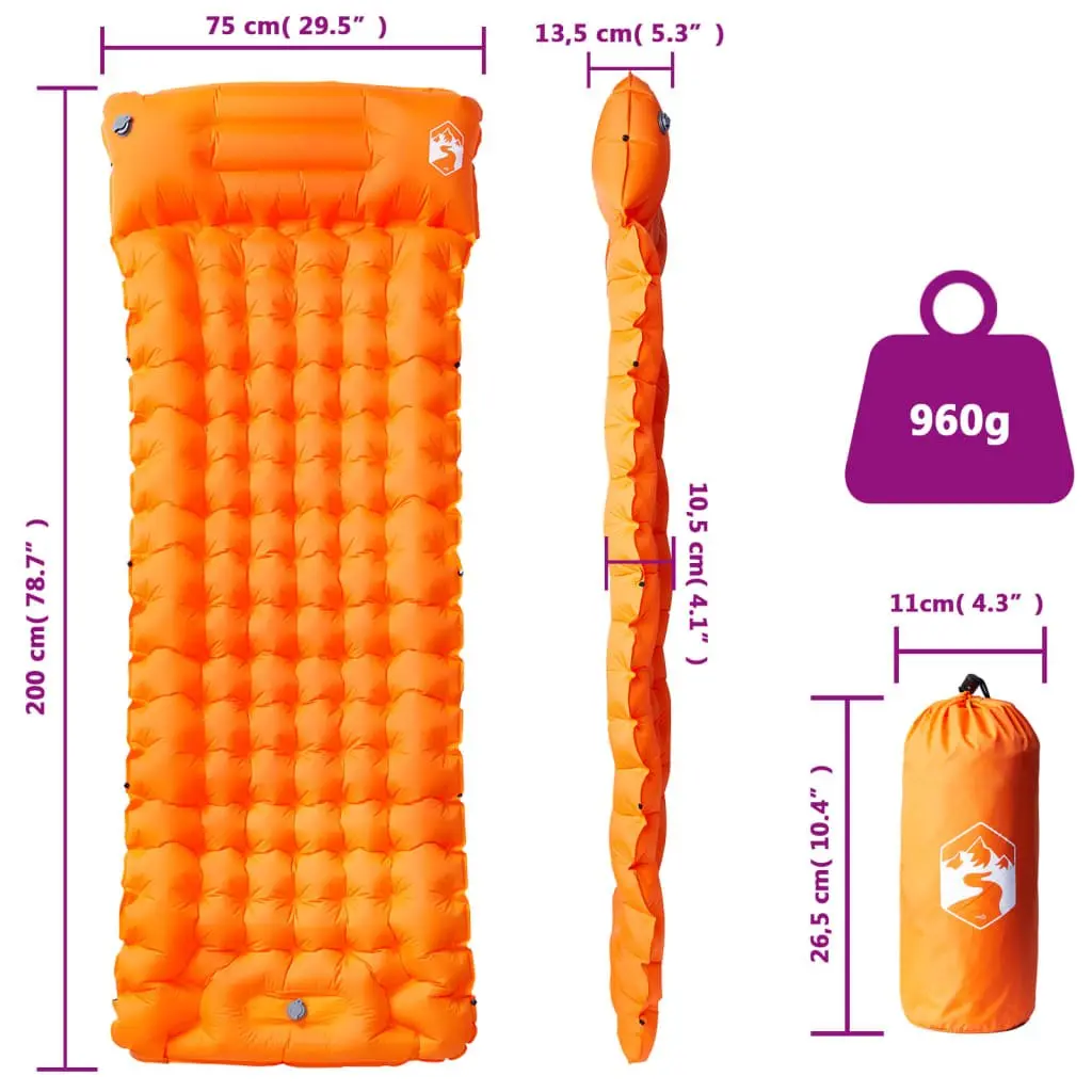 Self Inflating Camping Mattress Orange Single with Integrated Pillow and Quick Inflation System