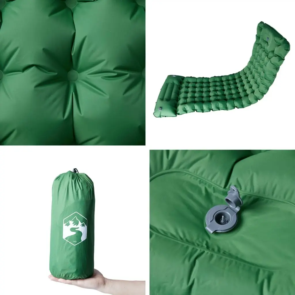 Self Inflating Camping Mattress Green Single Person with Integrated Pillow and Quick Inflation System