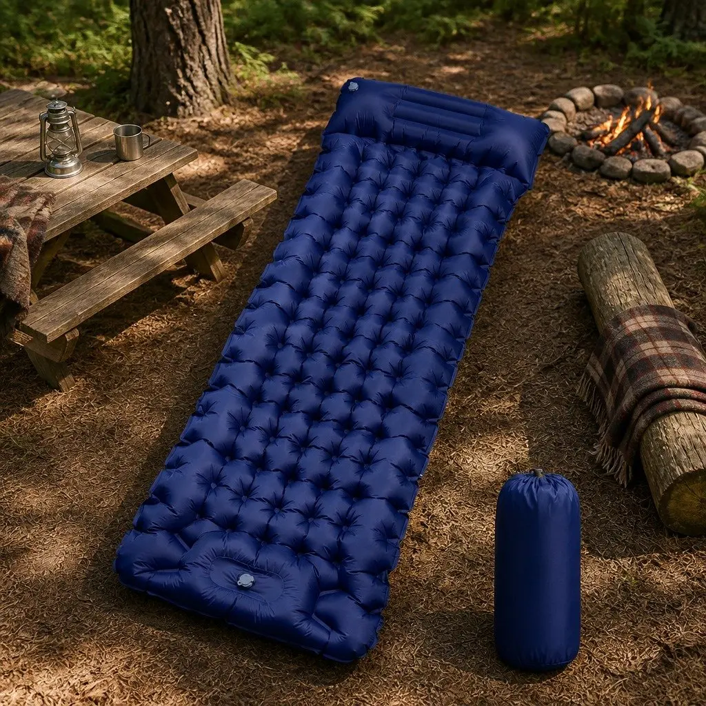 Self Inflating Camping Mattress Blue Single Person with Integrated Pillow