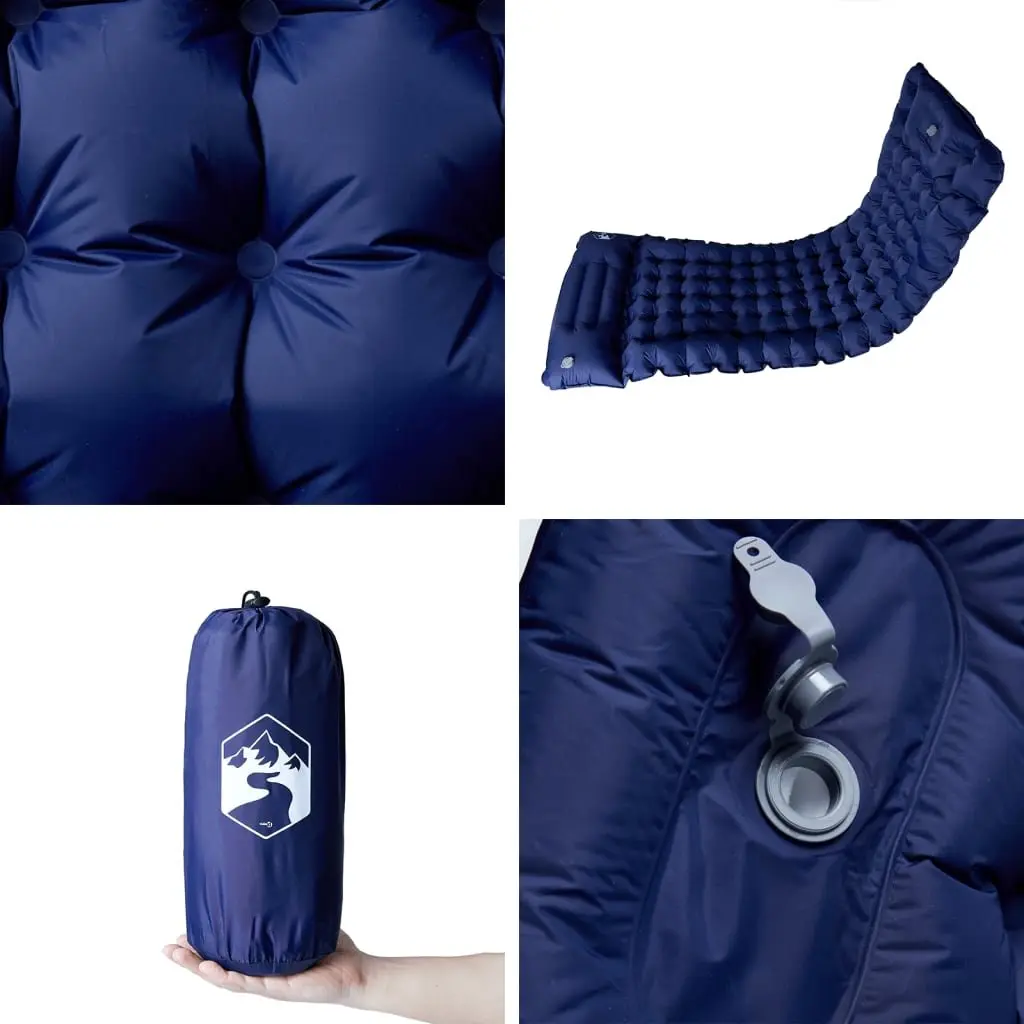 Self Inflating Camping Mattress Blue Single Person with Integrated Pillow