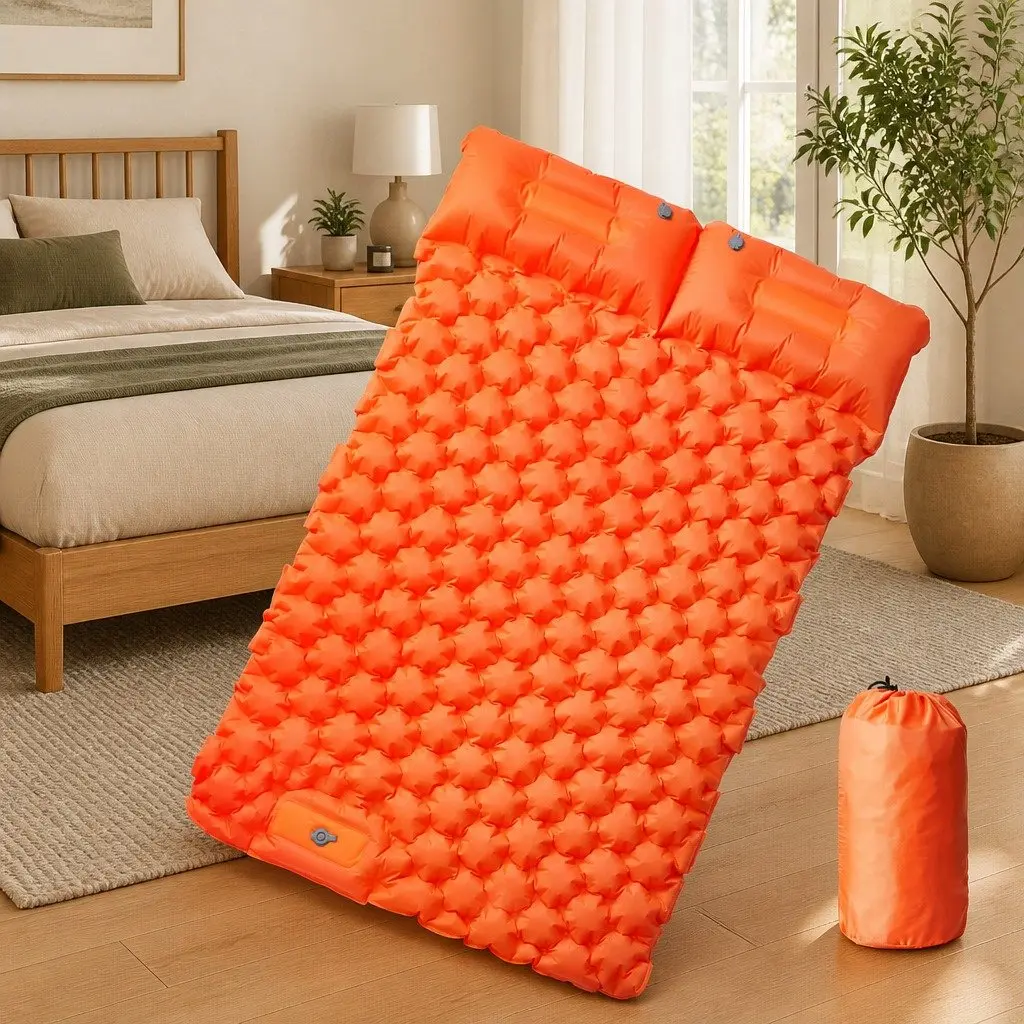 Self Inflating Camping Mattress Orange 2-Person with Integrated Pillows