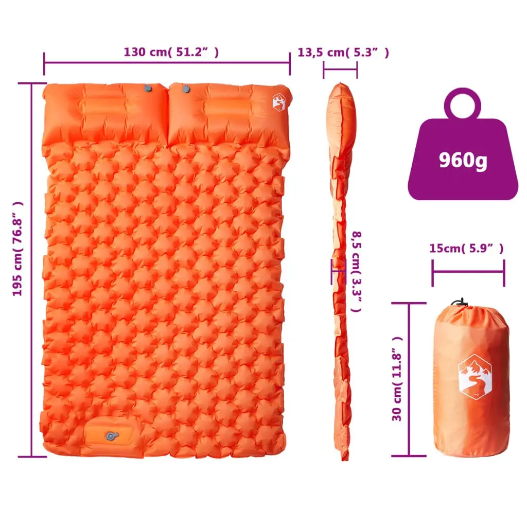 Self Inflating Camping Mattress Orange 2-Person with Integrated Pillows