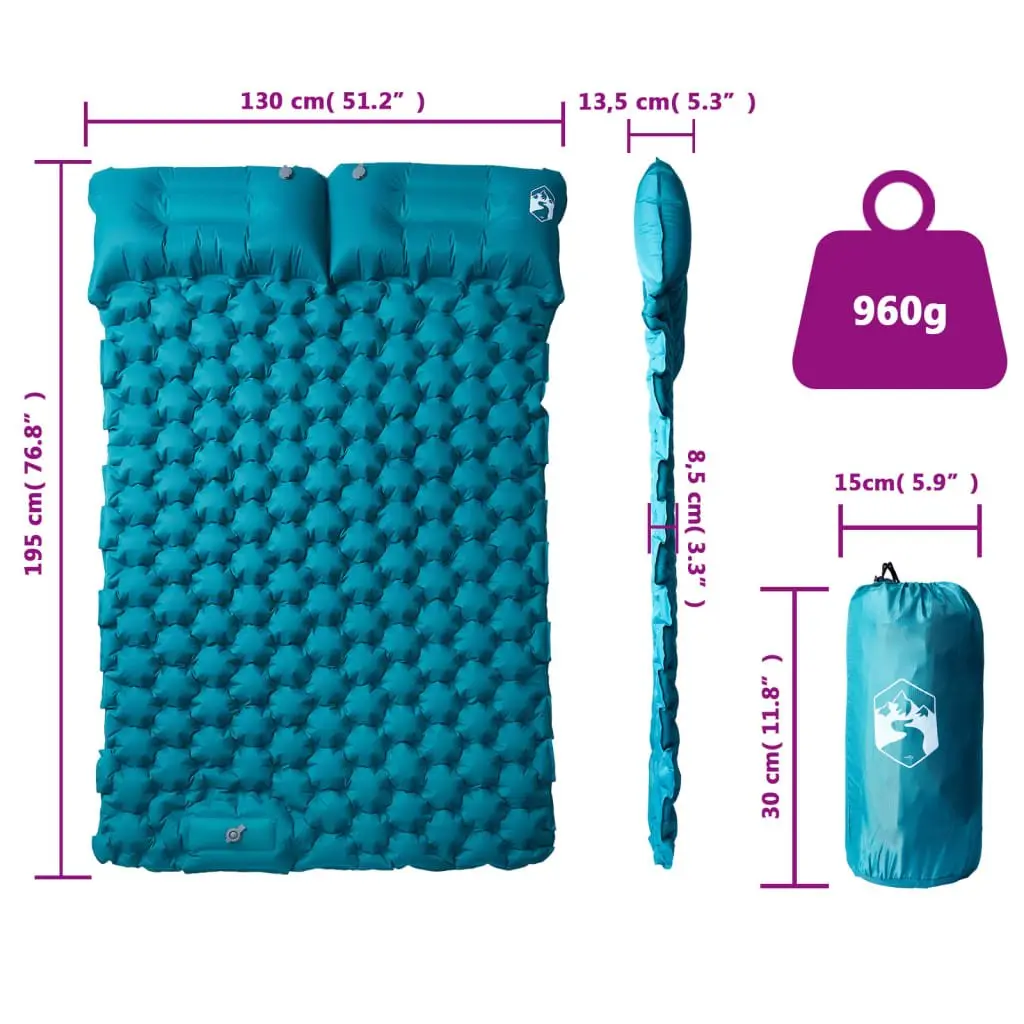 Self Inflating Camping Mattress Blue 2-Person Quick Inflation with Integrated Pillows