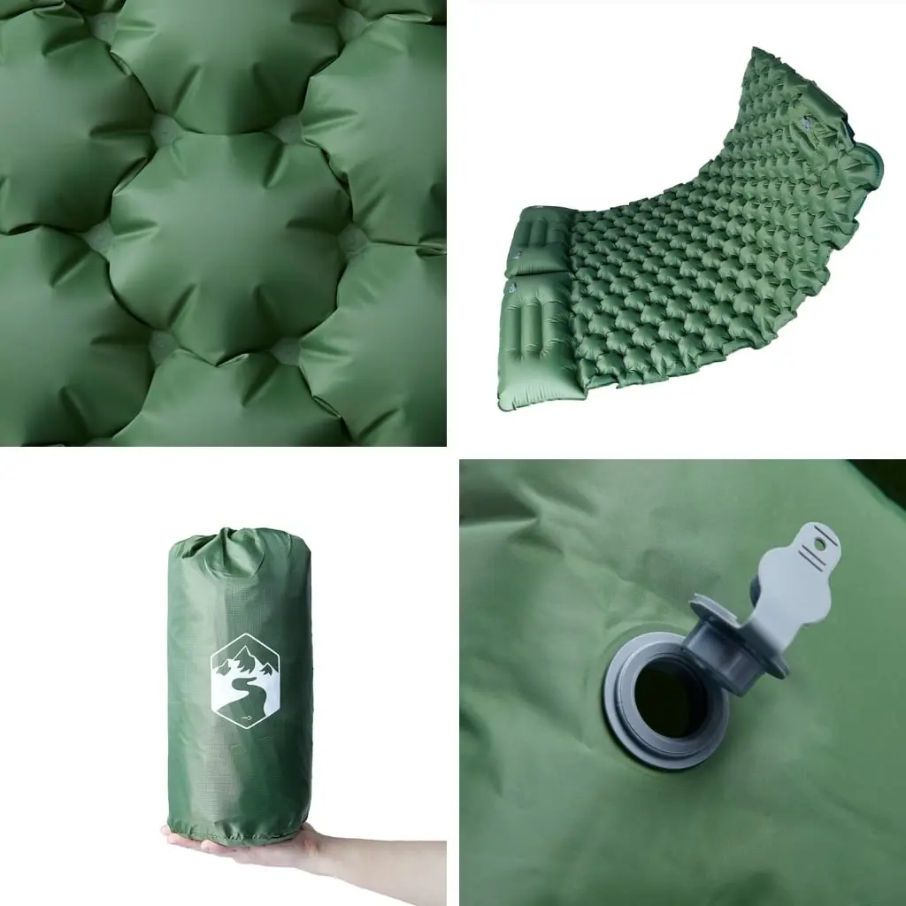 Self Inflating Camping Mattress Green 2-Person with Integrated Pillows Quick Inflation
