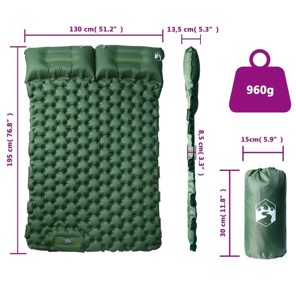 Self Inflating Camping Mattress Green 2-Person with Integrated Pillows Quick Inflation