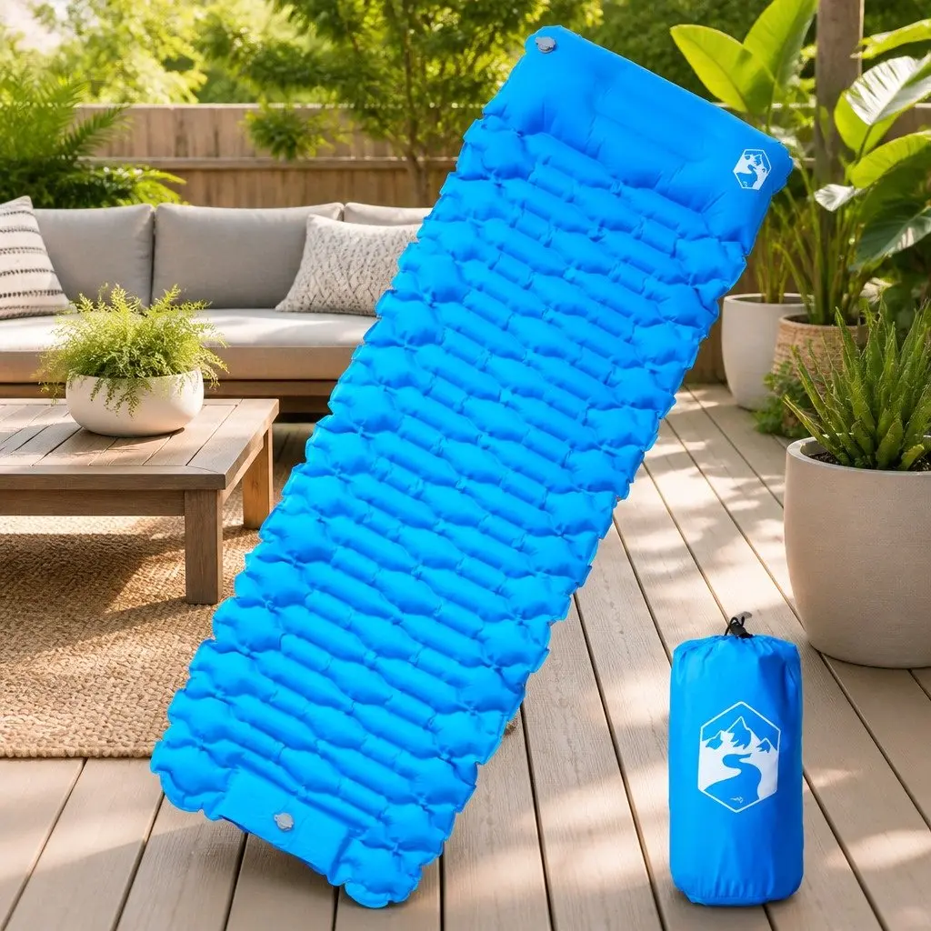 Self Inflating Camping Mattress Blue 1 Person Integrated Pillow Weather Resistant