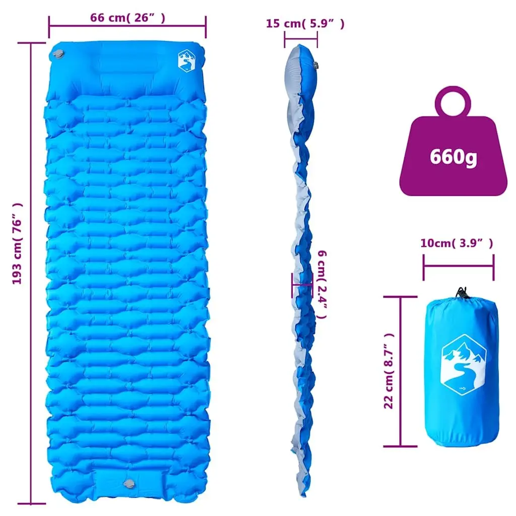 Self Inflating Camping Mattress Blue 1 Person Integrated Pillow Weather Resistant