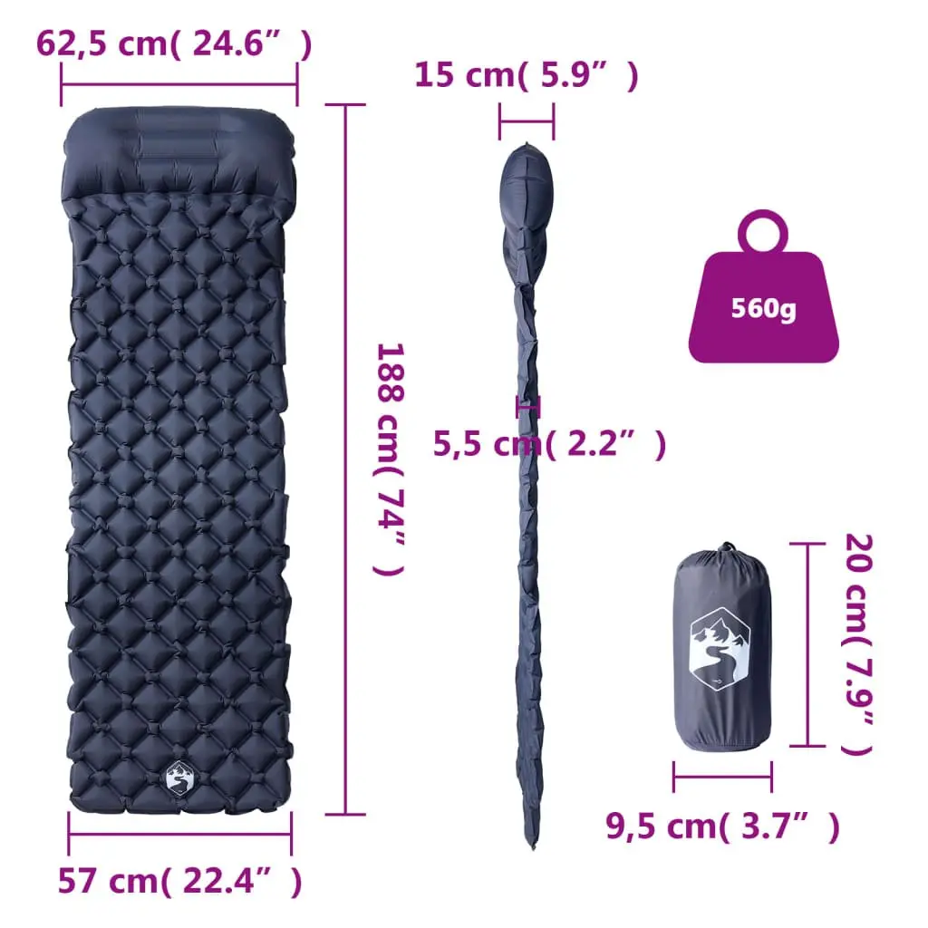 Inflatable Camping Mattress Grey 1-Person Integrated Pillow Outdoor Sleeping Pad