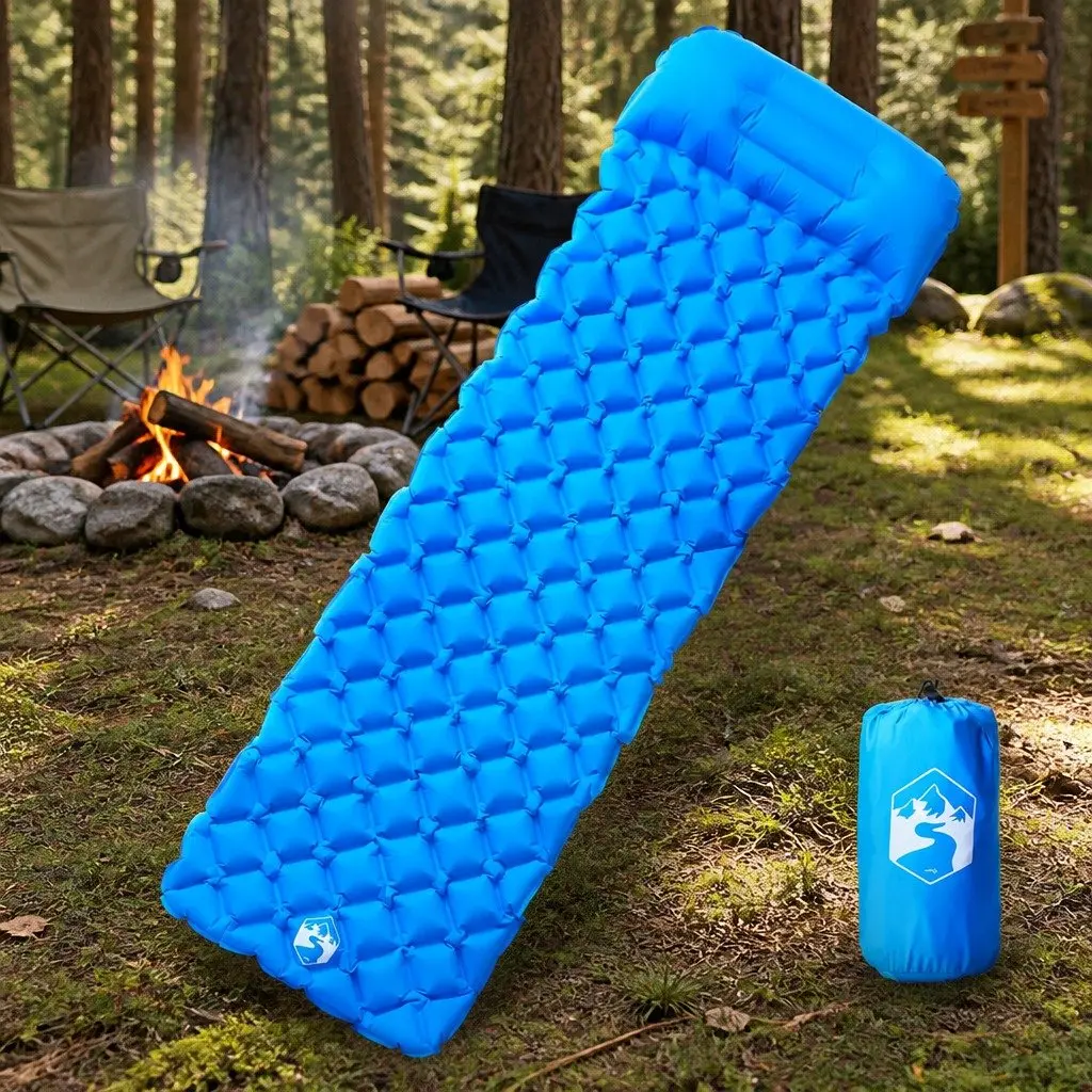 Inflatable Camping Mattress Blue Single Person Portable with Integrated Pillow