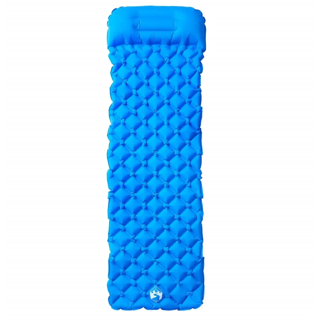 Inflatable Camping Mattress Blue Single Person Portable with Integrated Pillow