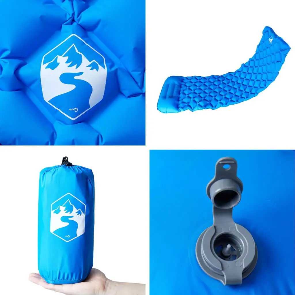 Inflatable Camping Mattress Blue Single Person Portable with Integrated Pillow