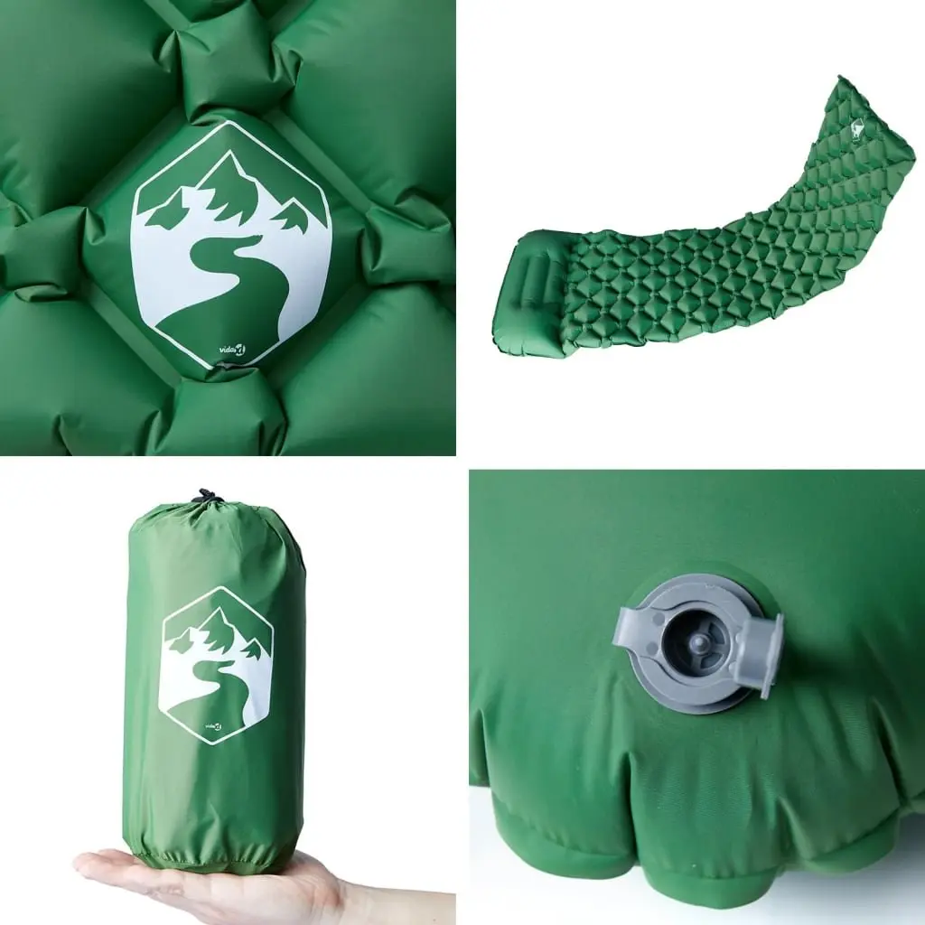 Inflating Camping Mattress Green 1-Person Integrated Pillow Durable Outdoor Sleeping Pad