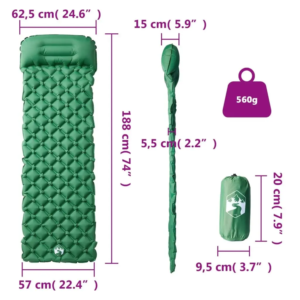 Inflating Camping Mattress Green 1-Person Integrated Pillow Durable Outdoor Sleeping Pad