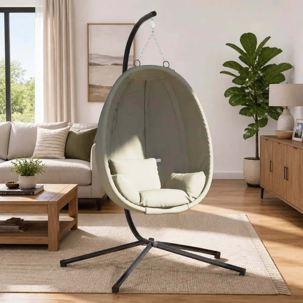 Hanging Egg Chair Beige Fabric with Stand Outdoor Garden Porch Relaxing