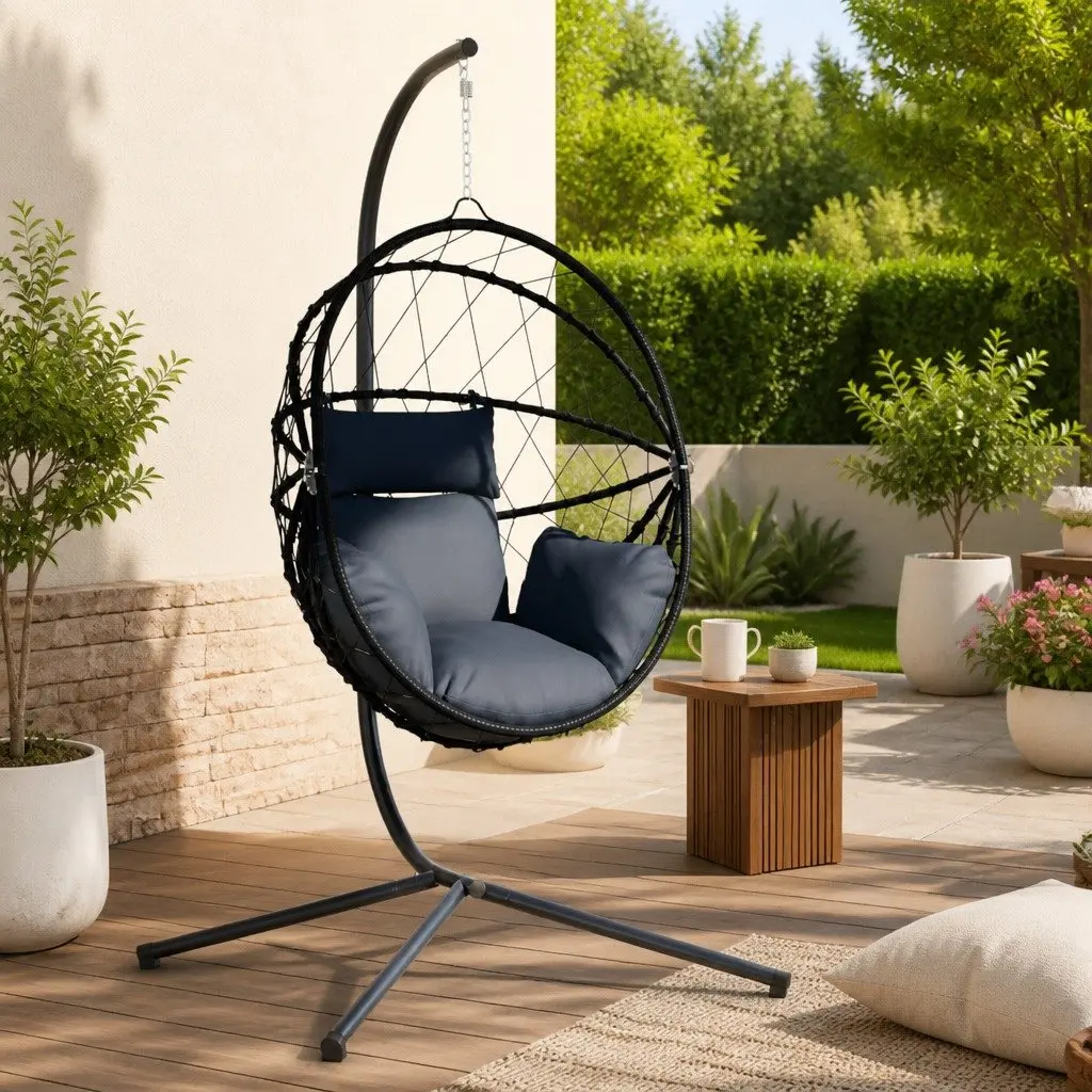 Hanging Egg Chair Anthracite Rattan Steel Frame Swing with Thick-Padded Cushion