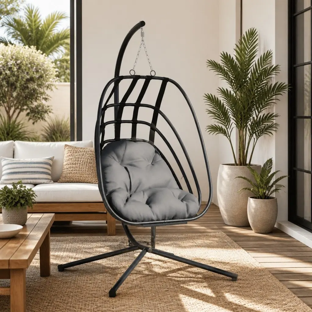 Hanging Egg Chair Anthracite Steel Frame Outdoor Swing with Thick-Padded Cushion