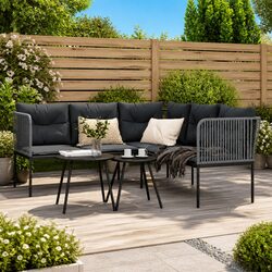 L-Shaped Garden Sofa Black Steel Frame Textilene Outdoor Seating with Cushions