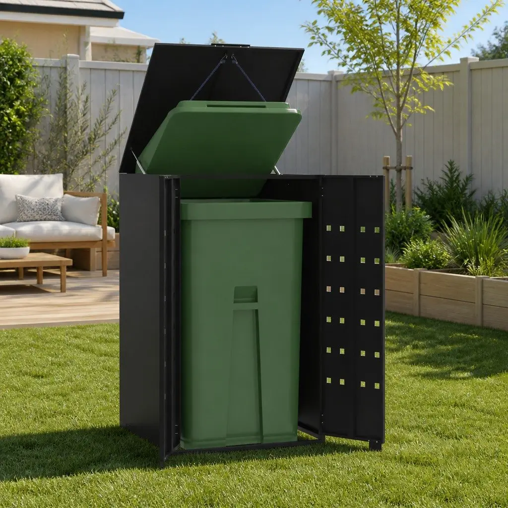 Wheelie Bin Storage Single Garbage Can Enclosure Black Steel Garden Waste