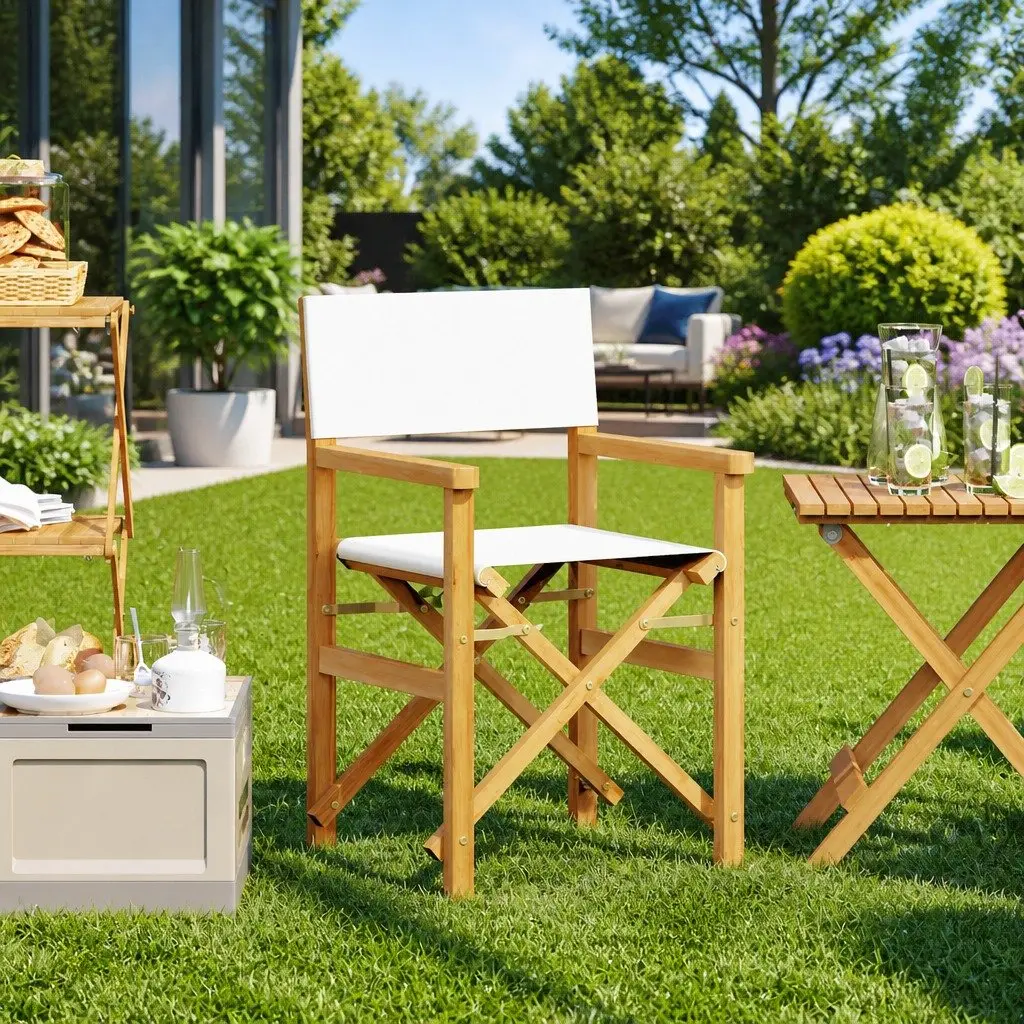 Folding Director's Chair Cream Outdoor Garden Patio Seating Camping Lounge Seat