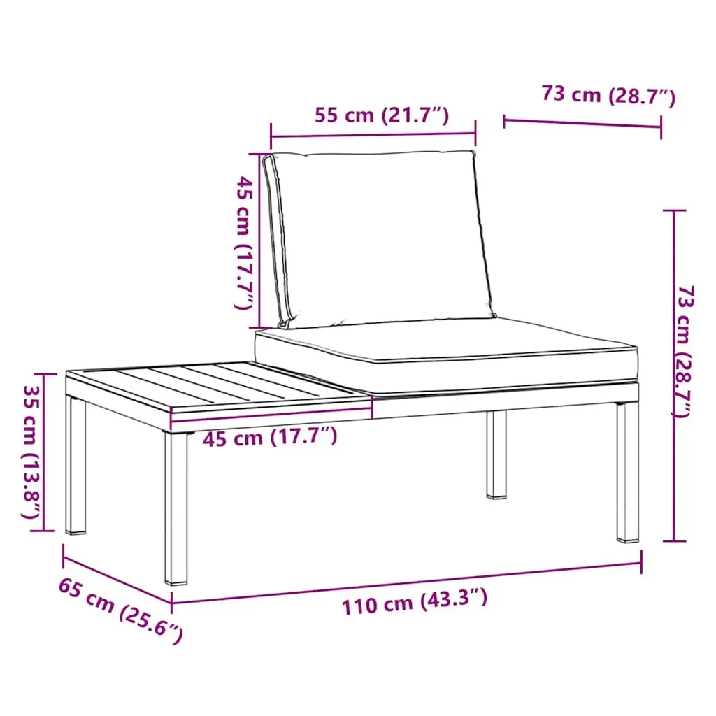Black Garden Bench Aluminium Frame with Cushions and Integrated Side Table Outdoor Seating
