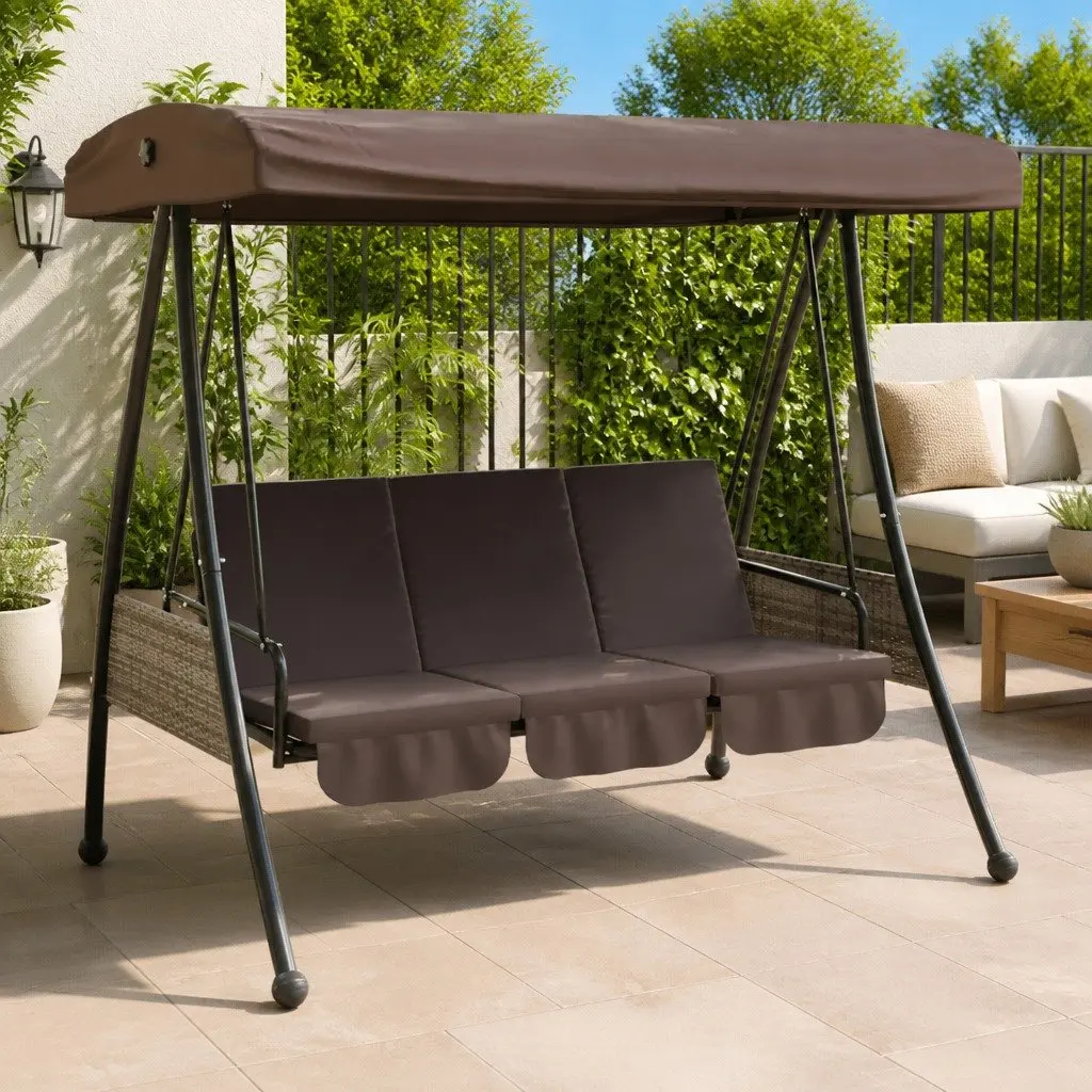 Garden Swing Bench Brown Adjustable Canopy 2-in-1 Lounger Outdoor Patio Seating